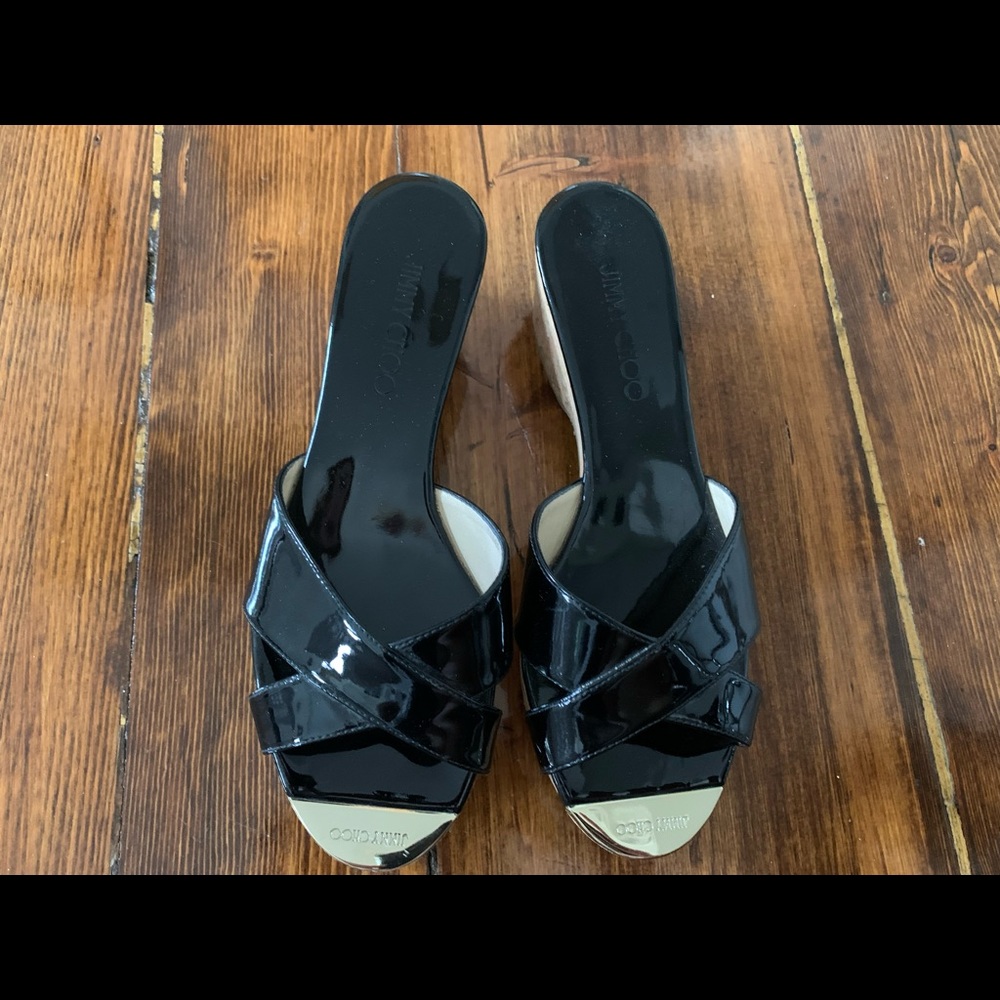 Jimmy Choo Black Patent Leather Cork Platform Slides